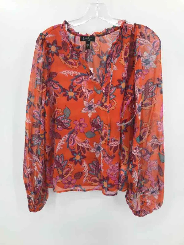 Pre-Owned Jessica Simpson Orange Size Small Printed Blouse Oversized Silk Blouse