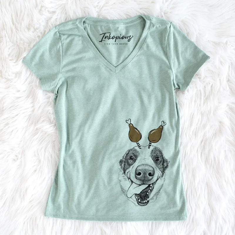 Thanksgiving Elwood the Border Collie - Women's Perfect V-neck Shirt-- Beaded Sequined Faux Fur