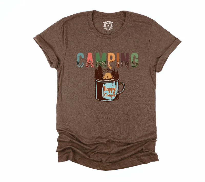 Camping Coffee Short Sleeve T-Shirt-- Houndstooth Herringbone Solid