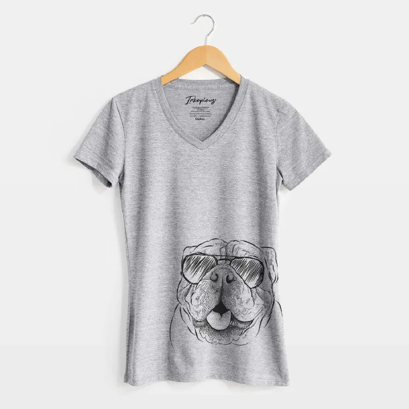 Aviator Louie the English Bulldog - Women's V-neck Shirt-- Welt Pockets Slit Pockets Flap Pockets