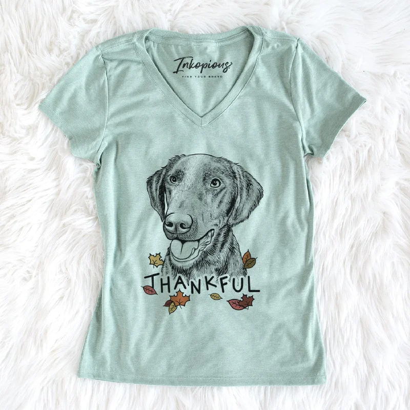 Thankful Onyx the Labrador Retriever - Women's V-neck Shirt-- Faux Fur Fabric Real Fur Fabric Shearling Fabric