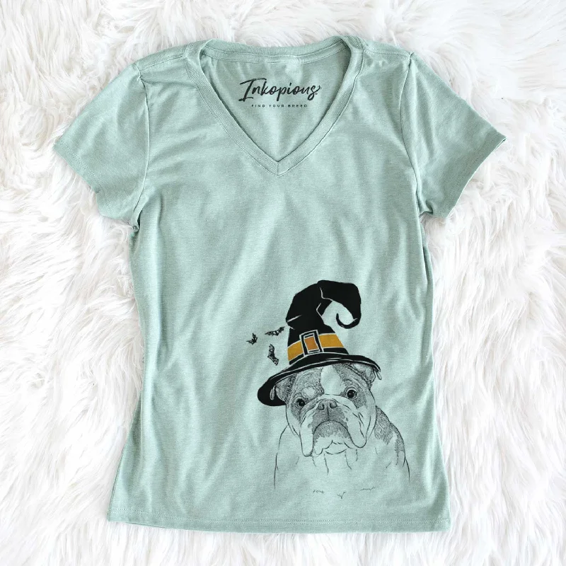 Witch Jack the English Bulldog - Women's Perfect V-neck Shirt-- Iron Safe Non-Iron Wrinkle Free