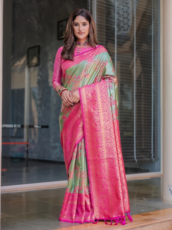 Sonakshi Women's Grey Dharmavaram Silk Zari Woven Traditional Saree with Blouse Satin Long Blouse