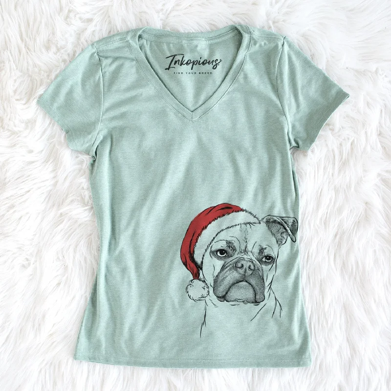 Santa Mack the Bugg (Boston Terrier/Pug) - Women's Perfect V-neck Shirt-- Silk Blend Satin Velvet
