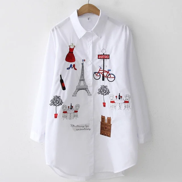 White Women Blouse Long Sleeve Cotton Embroidery Blouse Lady Casual Button Design Turn Down Collar Female Shirt  5083 Lightweight Tunic Blouse
