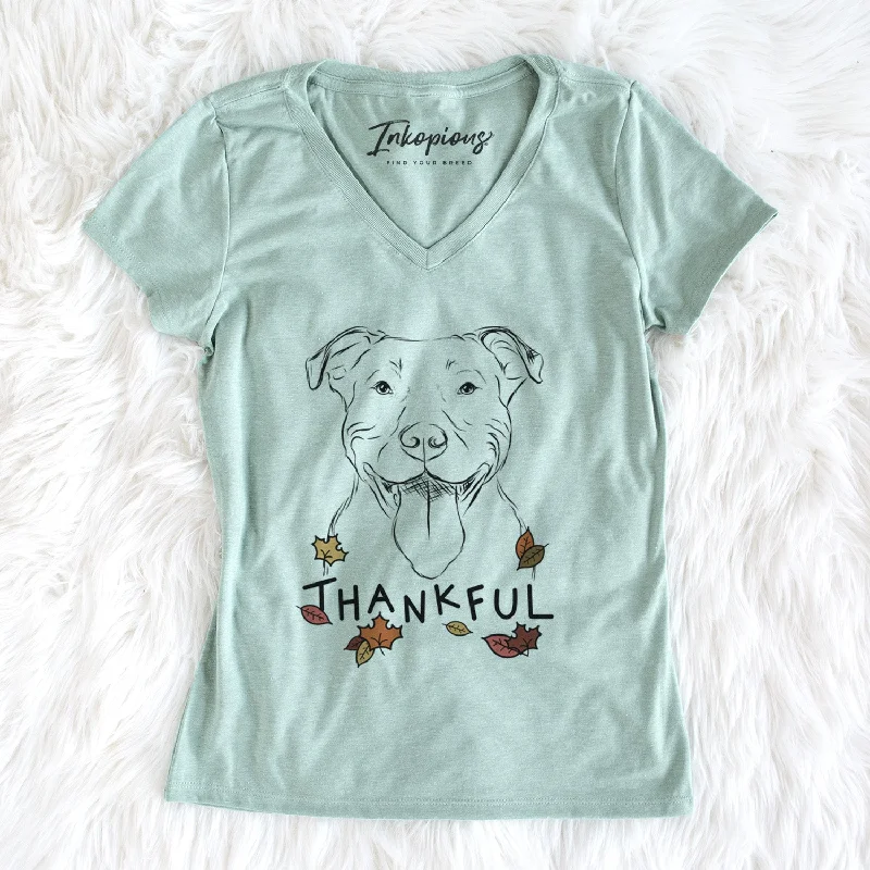 Thankful Major the Pitbull - Women's V-neck Shirt-- Solid Print Embellished