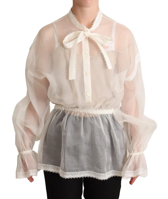 Dolce & Gabbana Elegant White Silk-Cotton Ascot Women's Blouse Satin Drape Blouse