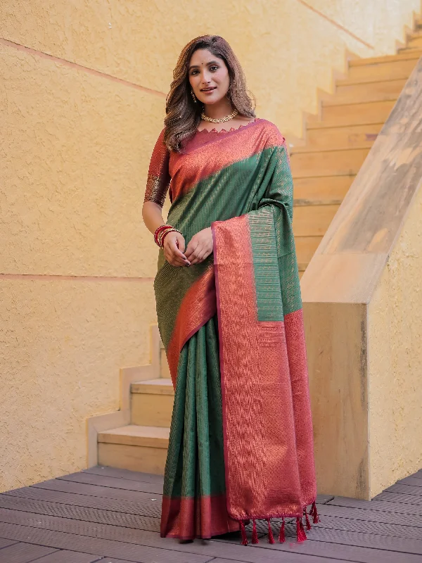 Sonakshi Women's Green Kanjivaram Silk Zari Woven Traditional Saree with Blouse Lightweight Tunic Blouse