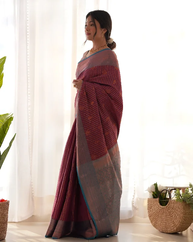 Sonakshi Women's Wine Kanjivaram Silk Zari Woven Traditional Saree with Blouse Chic Wrap Blouse