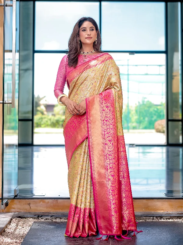 Sonakshi Women's Yellow Dharmavaram Silk Zari Woven Traditional Saree with Blouse Airy Cotton Blouse