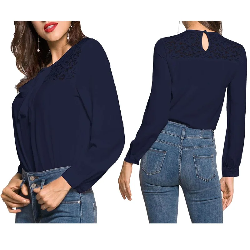 Fashion Women Ladies Loose Casual Chiffon Long Sleeve Shirt Tops Blouse L Blue Stylish Wrap Blouse