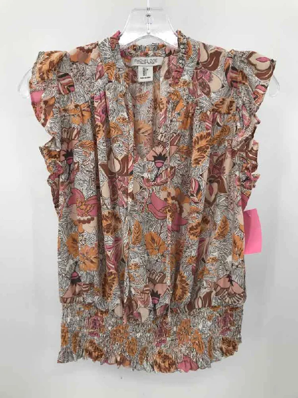 Pre-Owned Rachel Zoe Tan Size Small Printed Blouse Sheer Sleeve Blouse