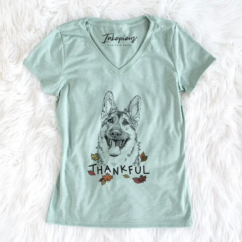 Thankful Benson the German Shepherd - Women's V-neck Shirt-- Hooded Caped Shawl Collar
