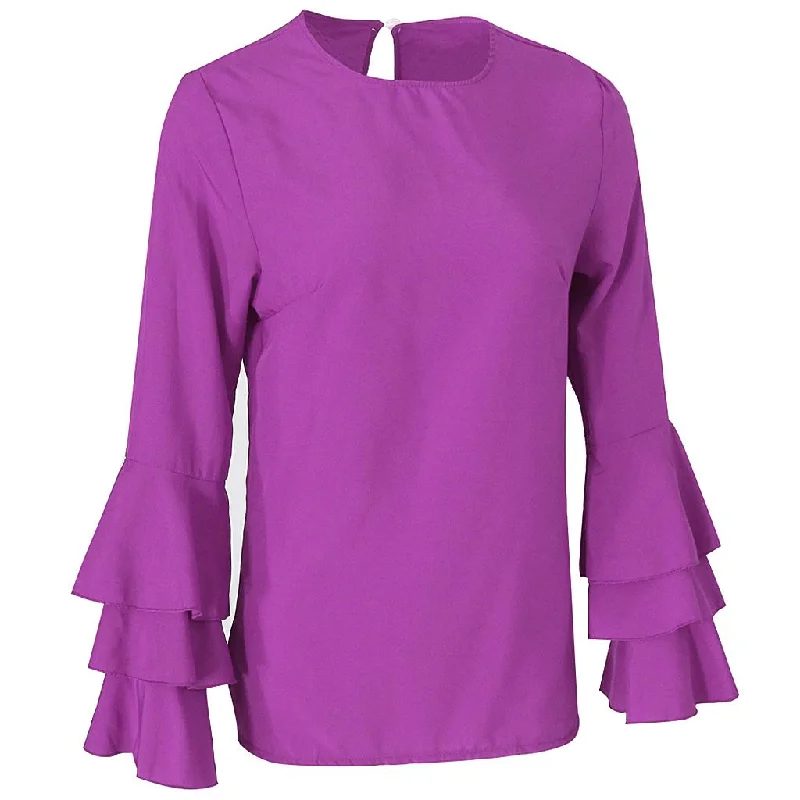 Fashion Hot Shirts Folding Sleeve Blouses Casual Loose Tops 2XL Purple Frilled Cuff Blouse