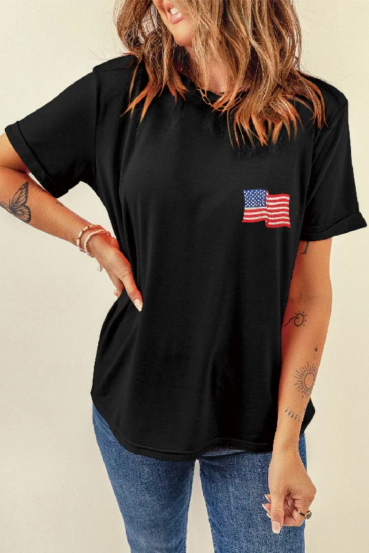 Hazel Blues® |  US Flag Round Neck Short Sleeve T-Shirt-- Front Pockets Side Pockets Patch Pockets