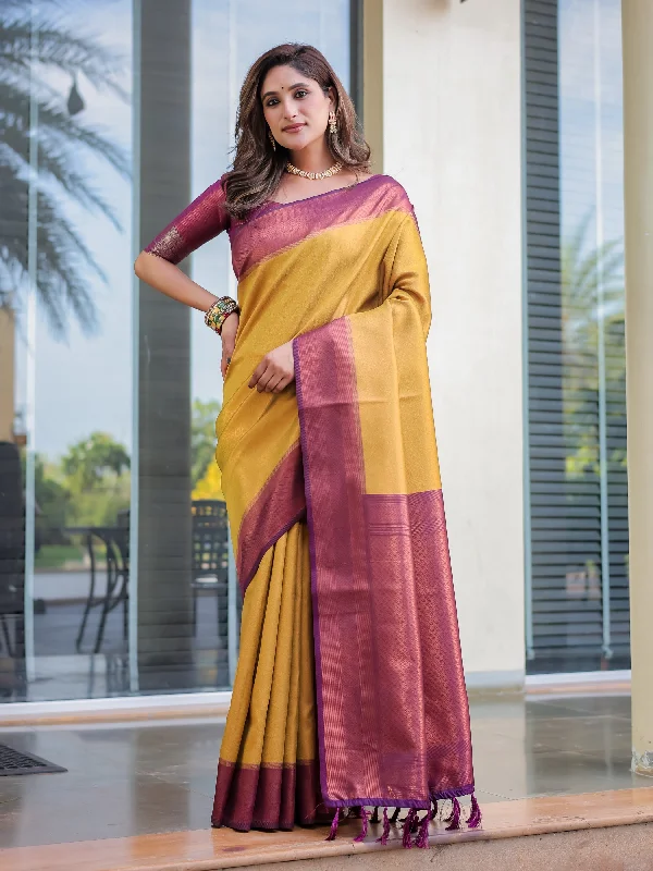 Sonakshi Women's Yellow Kanjivaram Silk Zari Woven Traditional Saree with Blouse Backless Summer Blouse