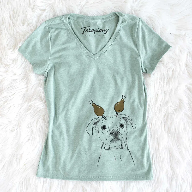 Thanksgiving Henley the Boxer - Women's V-neck Shirt-- Sequined Glittery Shiny