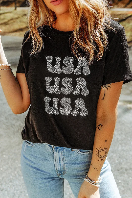 Hazel Blues® | USA Rhinestone Round Neck Short Sleeve T-Shirt-- Plaid T-Shirt Polka Dot Checkered Hazel Blues® | USA Rhinestone Round Neck Short Sleeve T-Shirt-- Plaid T-Shirt Polka Dot Checkered