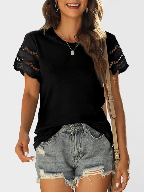 Blue Zone Planet | Summer lace stitching short-sleeved T-shirt round neck top-- Chenille Blend Fleece Blend Nylon Blend