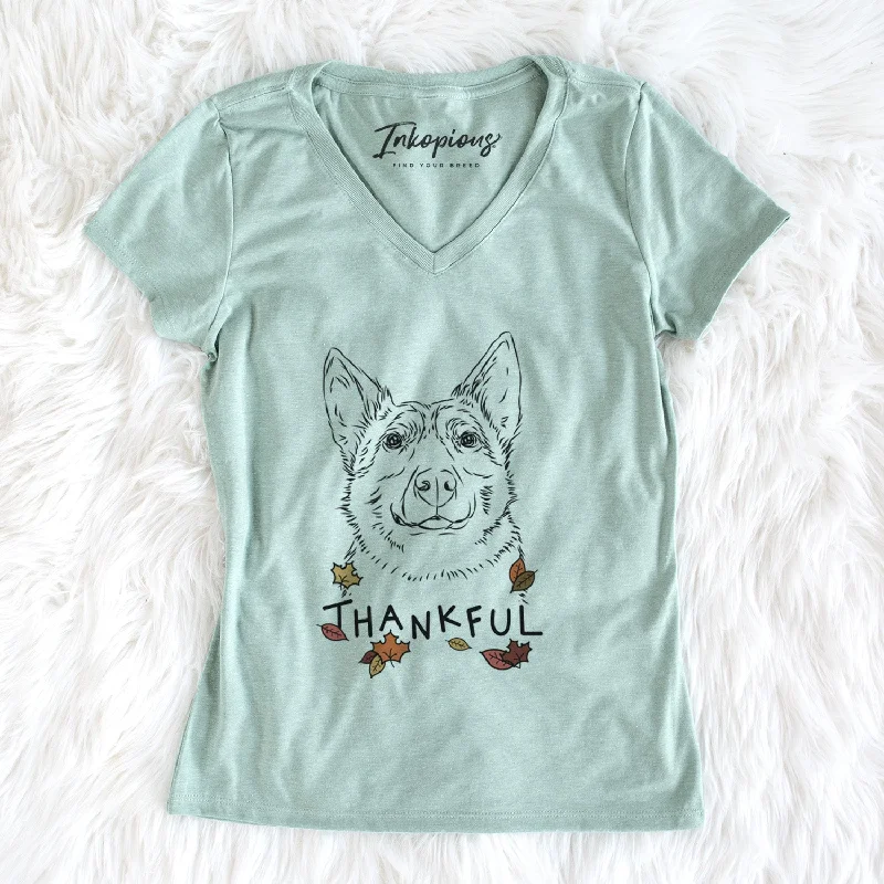 Thankful Austin the Heeler - Women's V-neck Shirt-- Mesh Canvas Denim