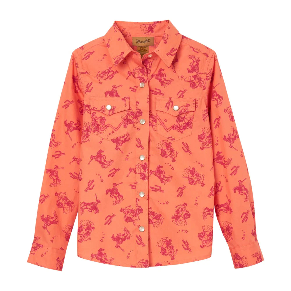 Girl's Wrangler Western Shirt ~ Coral-- Mesh Canvas Denim