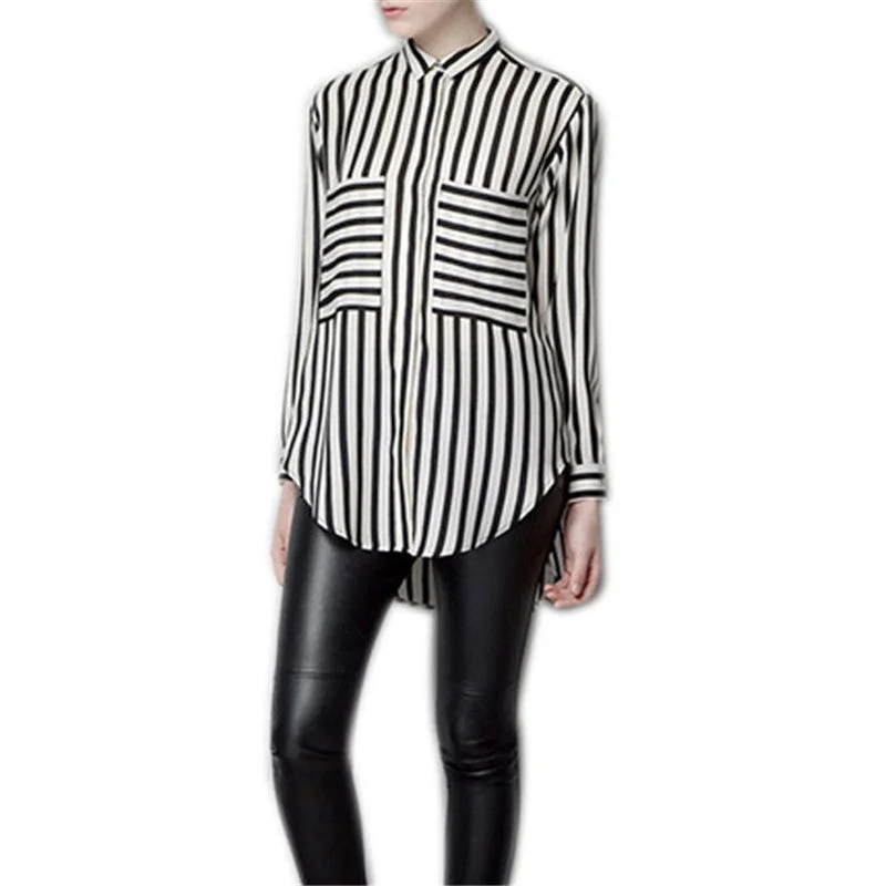 Formal blouses Long Sleeve Button Down Women's Shirt Vertical Striped Chiffon Pocket Career Tops Everyday Stylish Blouse
