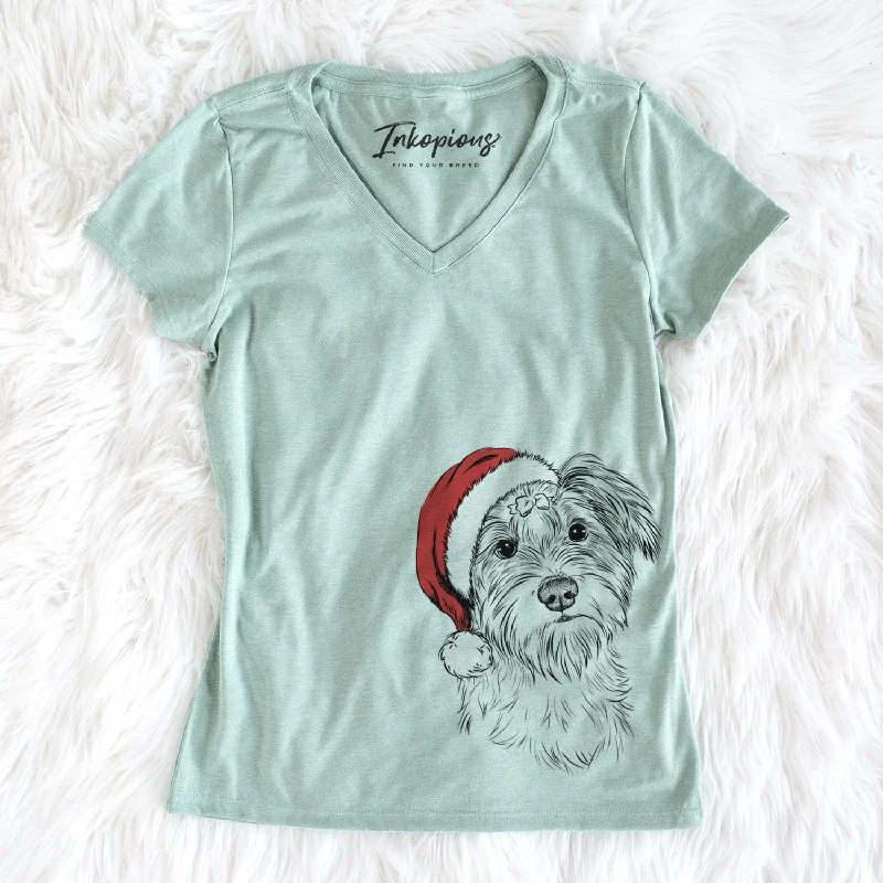 Santa Birdee the Schnauzer Mix - Women's Perfect V-neck Shirt-- Spandex Blend Rayon Blend Denim Blend