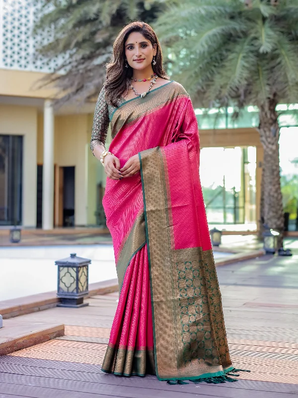 Sonakshi Women's Pink Kanjivaram Silk Zari Woven Traditional Saree with Blouse Office-Ready Blouse