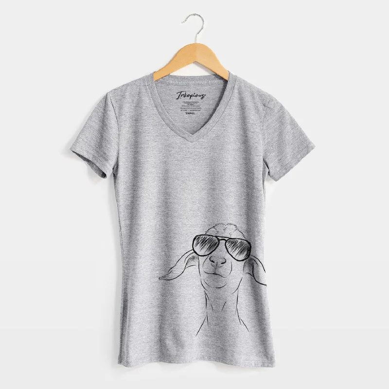 Aviator Kara Dune the Spanish Boer Goat - Women's V-neck Shirt-- Mesh Canvas Denim