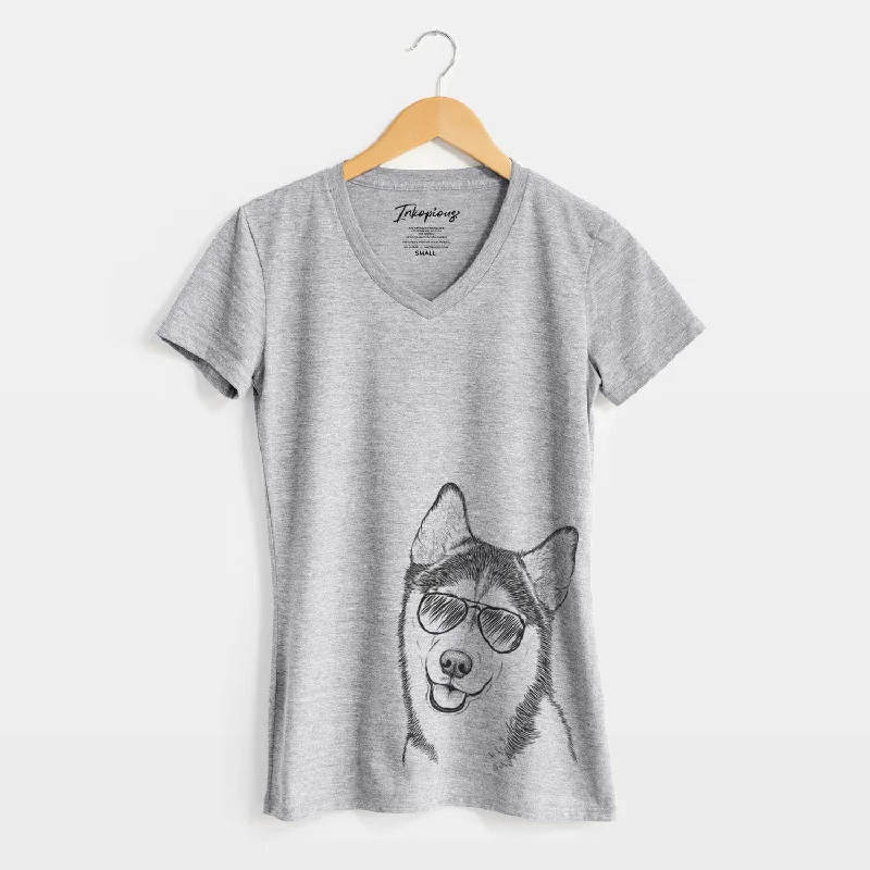 Aviator Remmie the Siberian Husky - Women's V-neck Shirt-- Plaid T-Shirt Polka Dot Checkered
