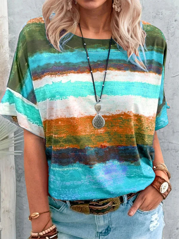 summer European and American gradient contrast color short-sleeved T-shirt-- Jersey Fabric Tulle Fabric Batik Fabric