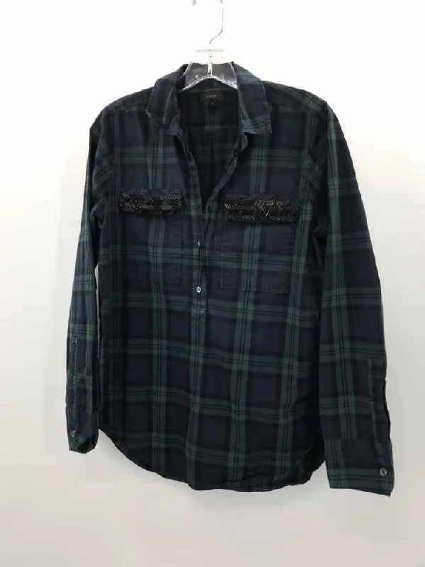 Pre-Owned J Crew Navy Size 4 Plaid Long Sleeve Blouse Boho Printed Blouse
