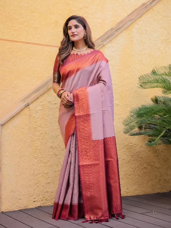 Sonakshi Women's Mauve Kanjivaram Silk Zari Woven Traditional Saree with Blouse Soft Pastel Blouse
