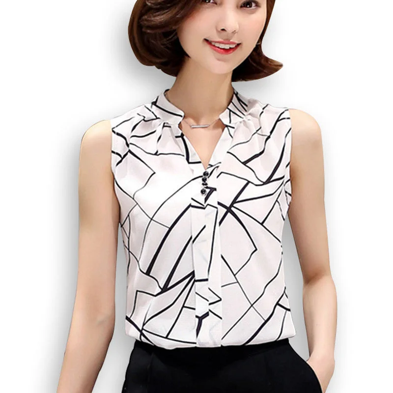 Summer Chiffon Blouse shirt Women Printed Sleeveless White top Blouses Shirts Female Office tops #A806 Casual Relaxed Fit Blouse