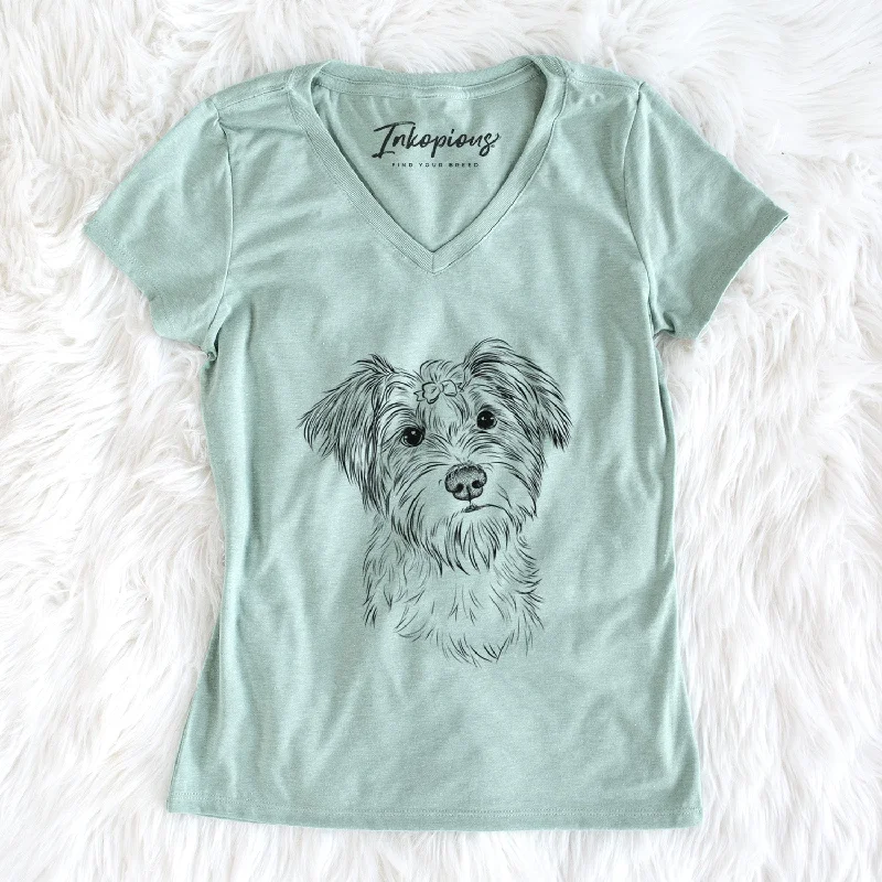 Bare Birdee the Schnauzer Mix - Women's V-neck Shirt-- Houndstooth Herringbone Solid