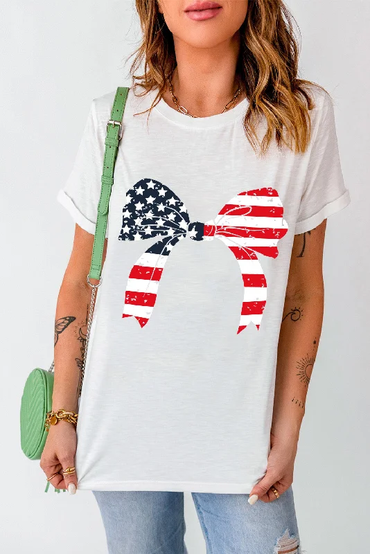 Hazel Blues® |  Bow Round Neck Short Sleeve T-Shirt-- Satin Fabric Silk Fabric Chiffon Fabric