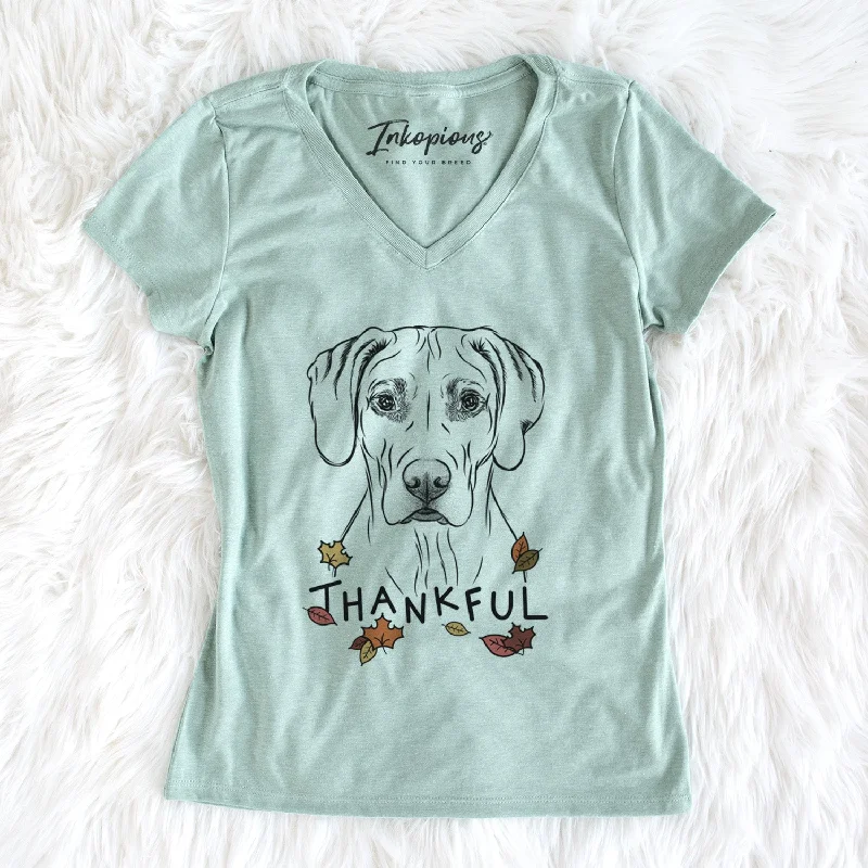 Thankful Reid the Rhodesian Ridgeback - Women's V-neck Shirt-- Hooded Caped Shawl Collar