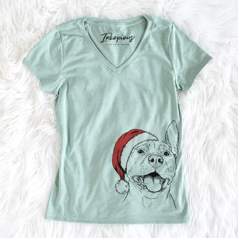 Santa Wally the Pitbull - Women's Perfect V-neck Shirt-- Mesh Blend Leather Blend Suede Blend