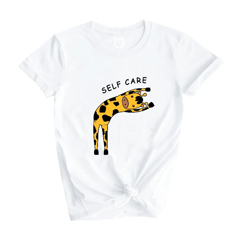 Cute giraffe doing self-care graphic t-shirt-- Ribbed Striped Patterned