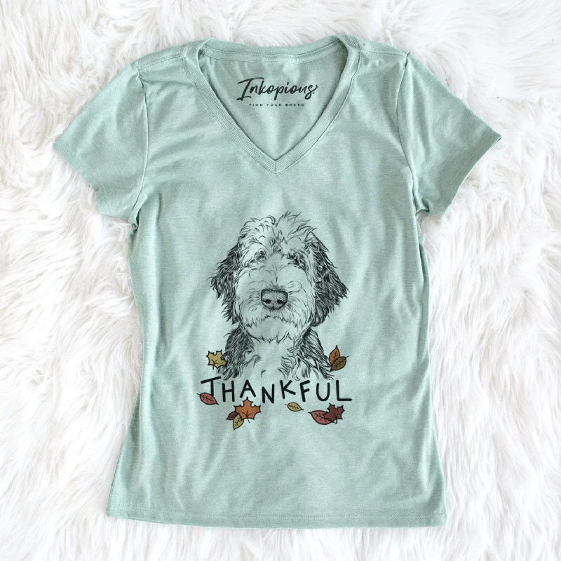 Thankful Milo Fluff the Sheepadoodle - Women's V-neck Shirt-- Mesh Fabric Canvas Fabric Denim Fabric