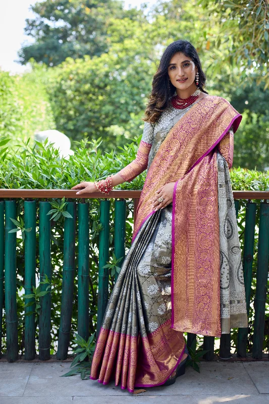Sonakshi Women's Grey Banarasi Handloom Silk Zari Woven Traditional Saree with Blouse Modern Work Blouse