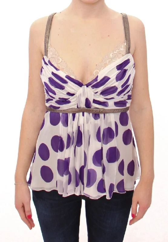 Dolce & Gabbana Elegant Polka Dotted Silk Blouse with Leather Women's Detailing Soft Modal Blouse