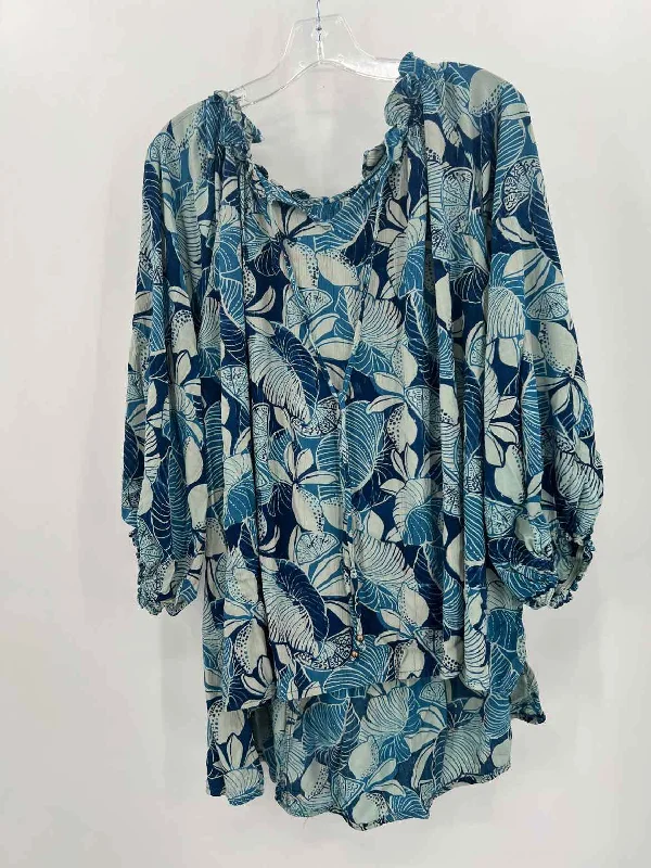 Pre-Owned Bunulu Blue Size 1X Blouse Puff Sleeve Blouse