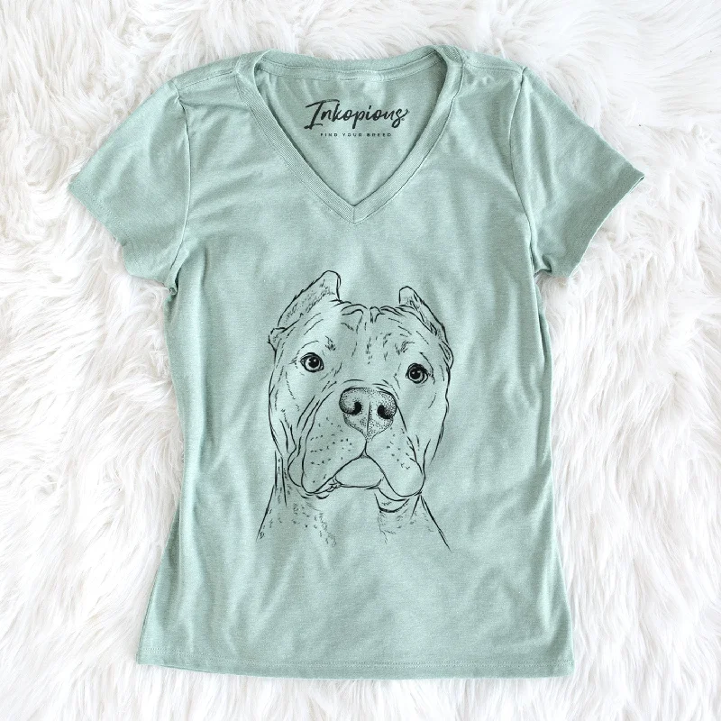 Bare Bam Bam the Pitbull - Women's V-neck Shirt-- Denim Fabric Leather Fabric Suede Fabric