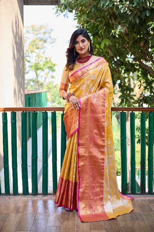 Sonakshi Women's Yellow Banarasi Handloom Silk Zari Woven Traditional Saree with Blouse Collared Satin Blouse