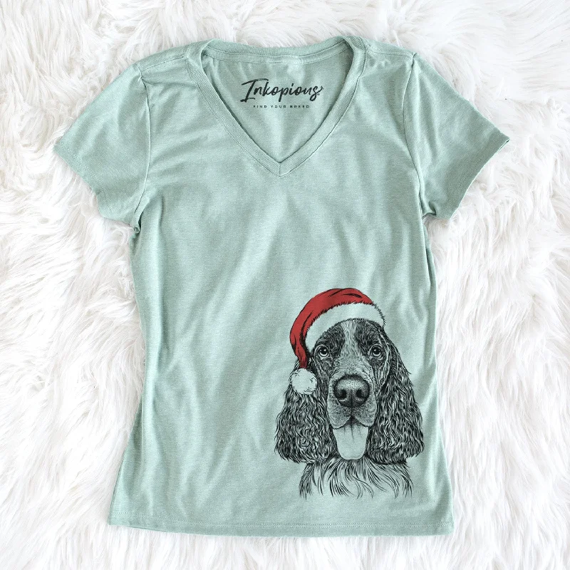 Santa Duke the English Springer Spaniel - Women's Perfect V-neck Shirt-- Satin Fabric Silk Fabric Chiffon Fabric