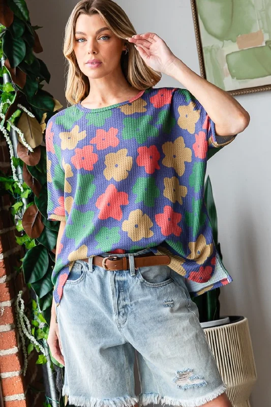 Blue Zone Planet |  HOPELY Full Size Floral Round Neck Side Slit T-Shirt-- Anti-Shrink Durable Soft