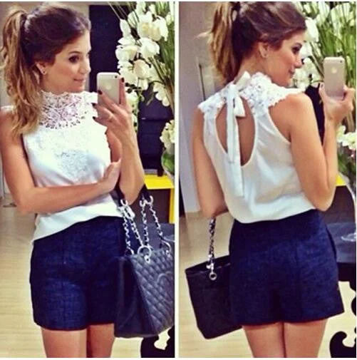 Fashion women White lace blouse sleeveless backless shirt Playful Puff Blouse