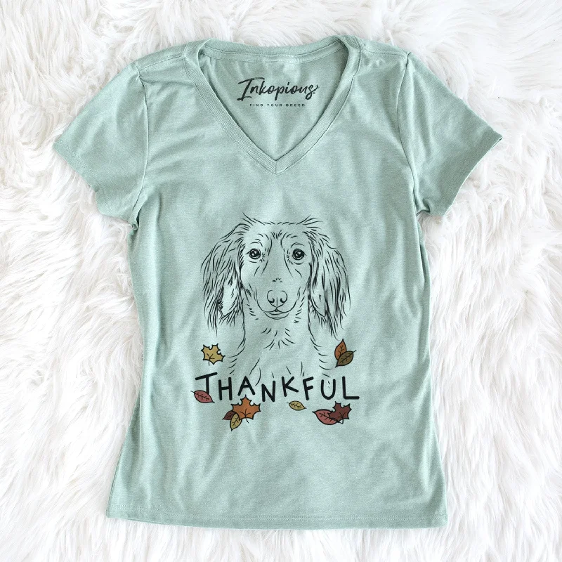 Thankful Roux the Long Haired Dachshund - Women's V-neck Shirt-- Chenille Blend Fleece Blend Nylon Blend