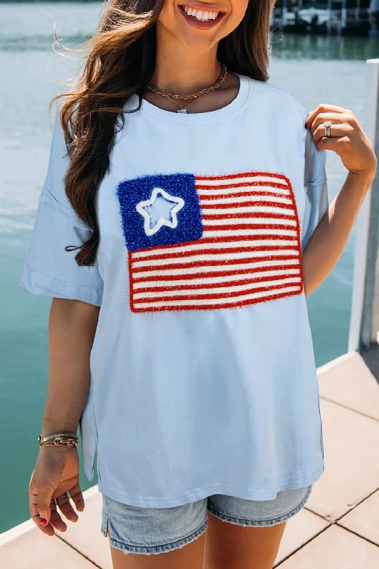 Hazel Blues® |  US Flag Round Neck Short Sleeve T-Shirt-- Machine Wash Dry Clean Hand Wash